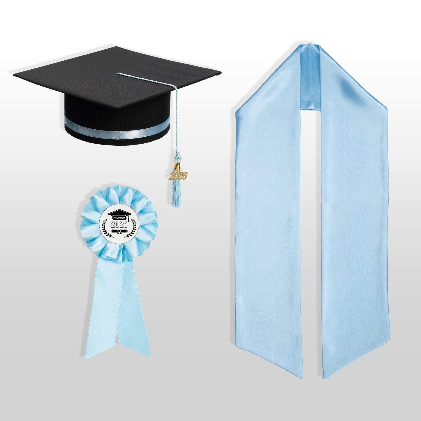 Pachet Tocă, eșarfă și cocardă absolvire baby blue nepersonalizat