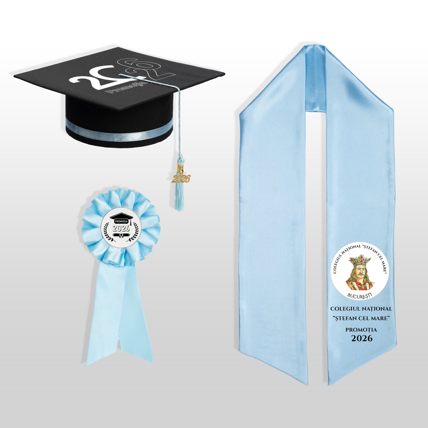 Tocă, eșarfă și cocardă absolvire baby blue personalizate