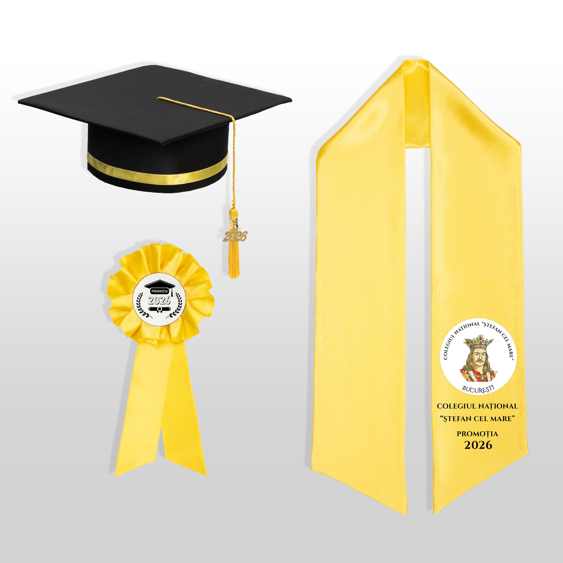 Tocă, eșarfă și cocardă absolvire galben personalizată doar eșarfa