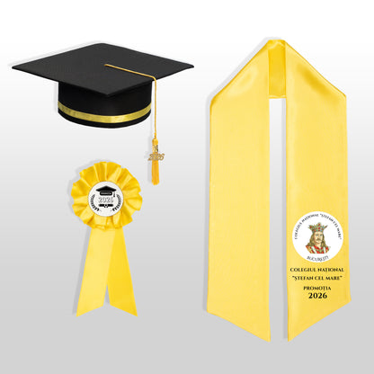Tocă, eșarfă și cocardă absolvire galben personalizată doar eșarfa
