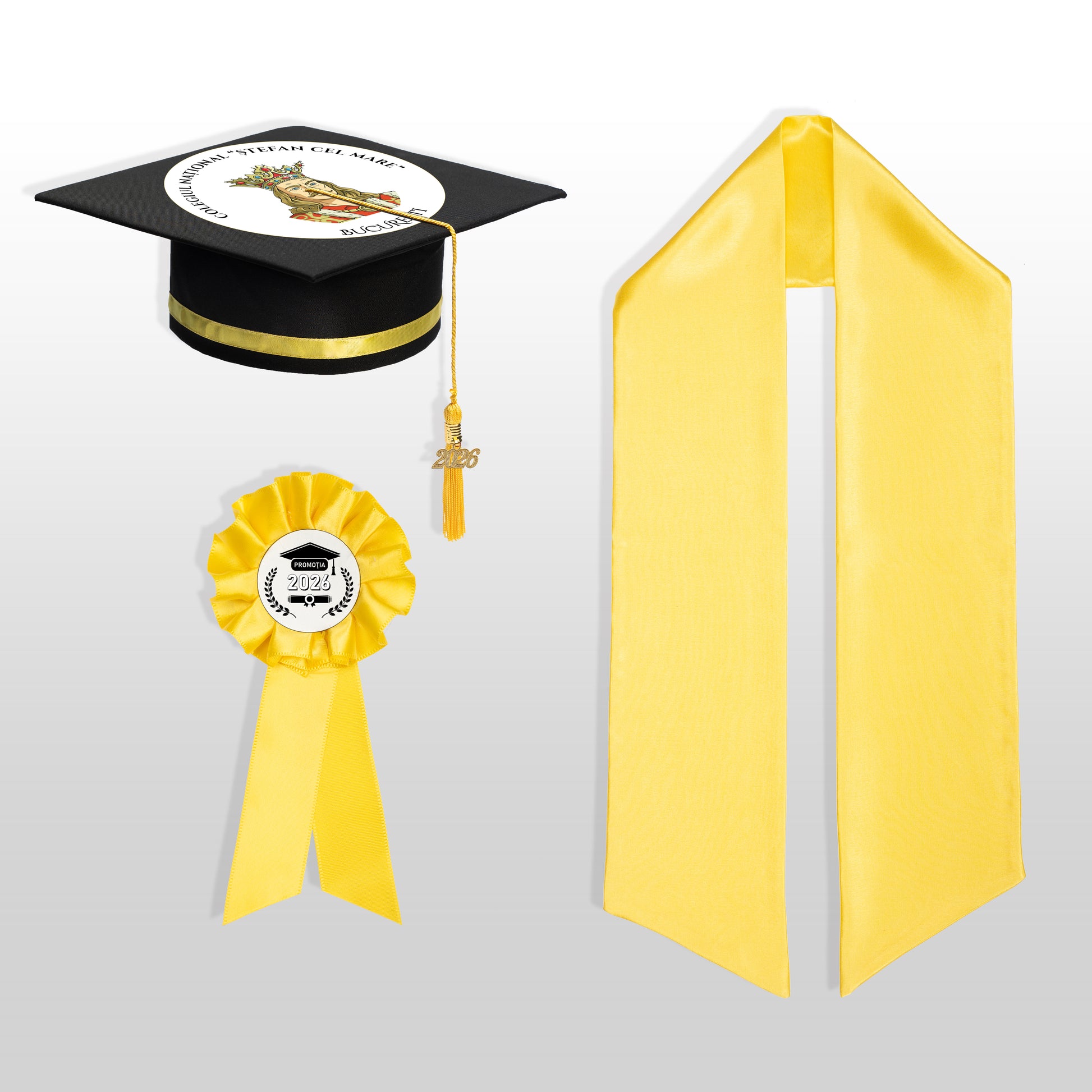 Tocă, eșarfă și cocardă absolvire galben personalizată doar toca