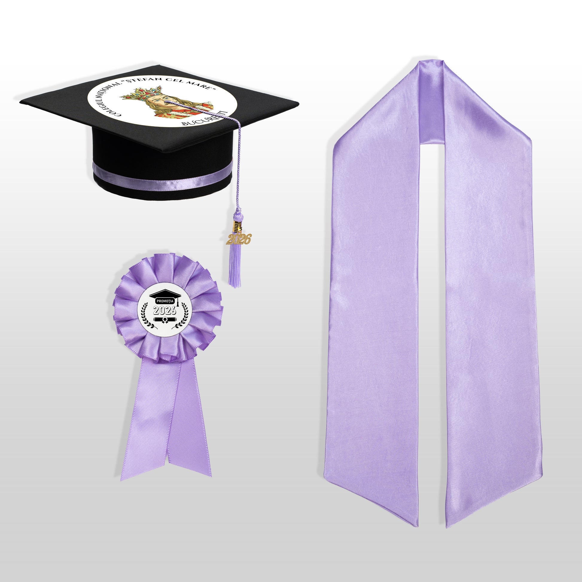 Tocă, eșarfă și cocardă absolvire lila personalizată doar toca