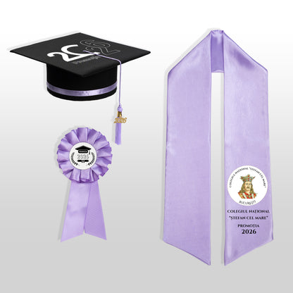 Tocă, eșarfă și cocardă absolvire lila personalizate