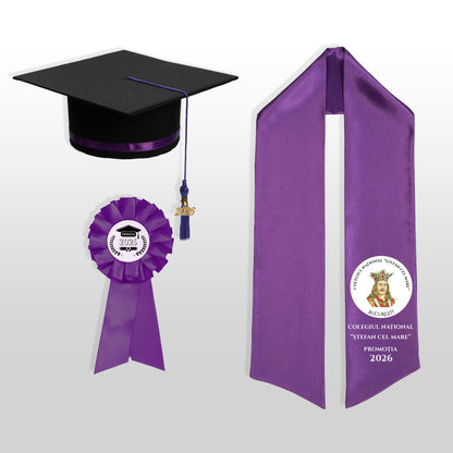 Tocă, eșarfă și cocardă absolvire mov personalizată doar eșarfa