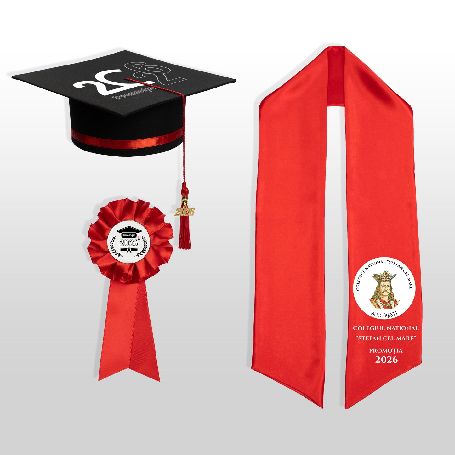 Tocă, eșarfă și cocardă absolvire roșu personalizate