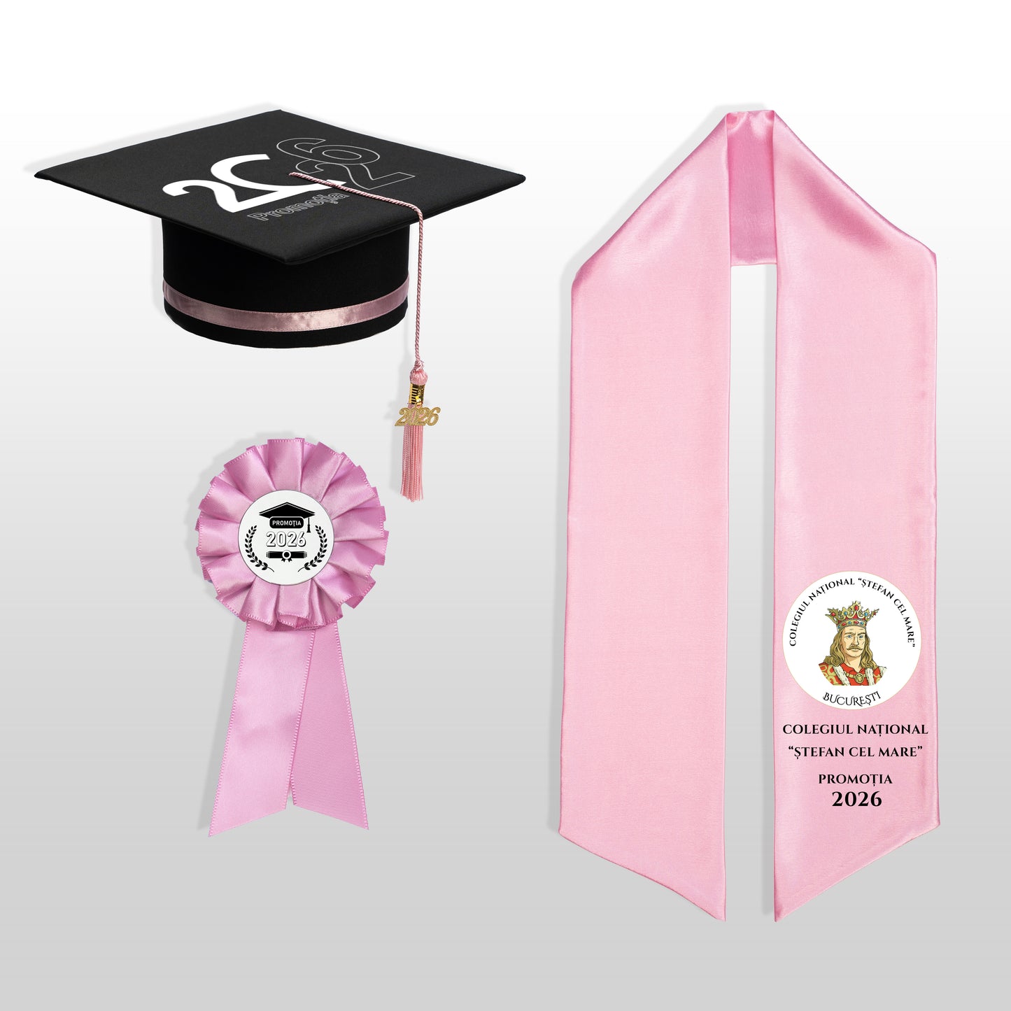 Tocă, eșarfă și cocardă absolvire roze personalizate