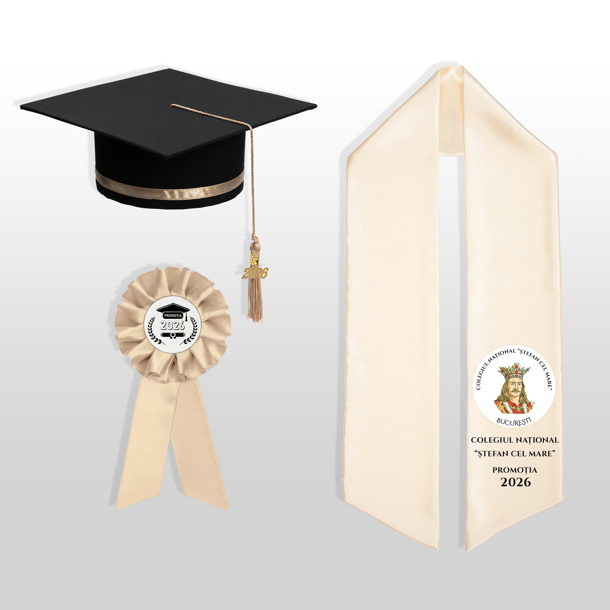 Tocă, eșarfă și cocardă absolvire șampanie personalizată doar eșarfa