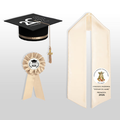 Tocă, eșarfă și cocardă absolvire șampanie personalizate