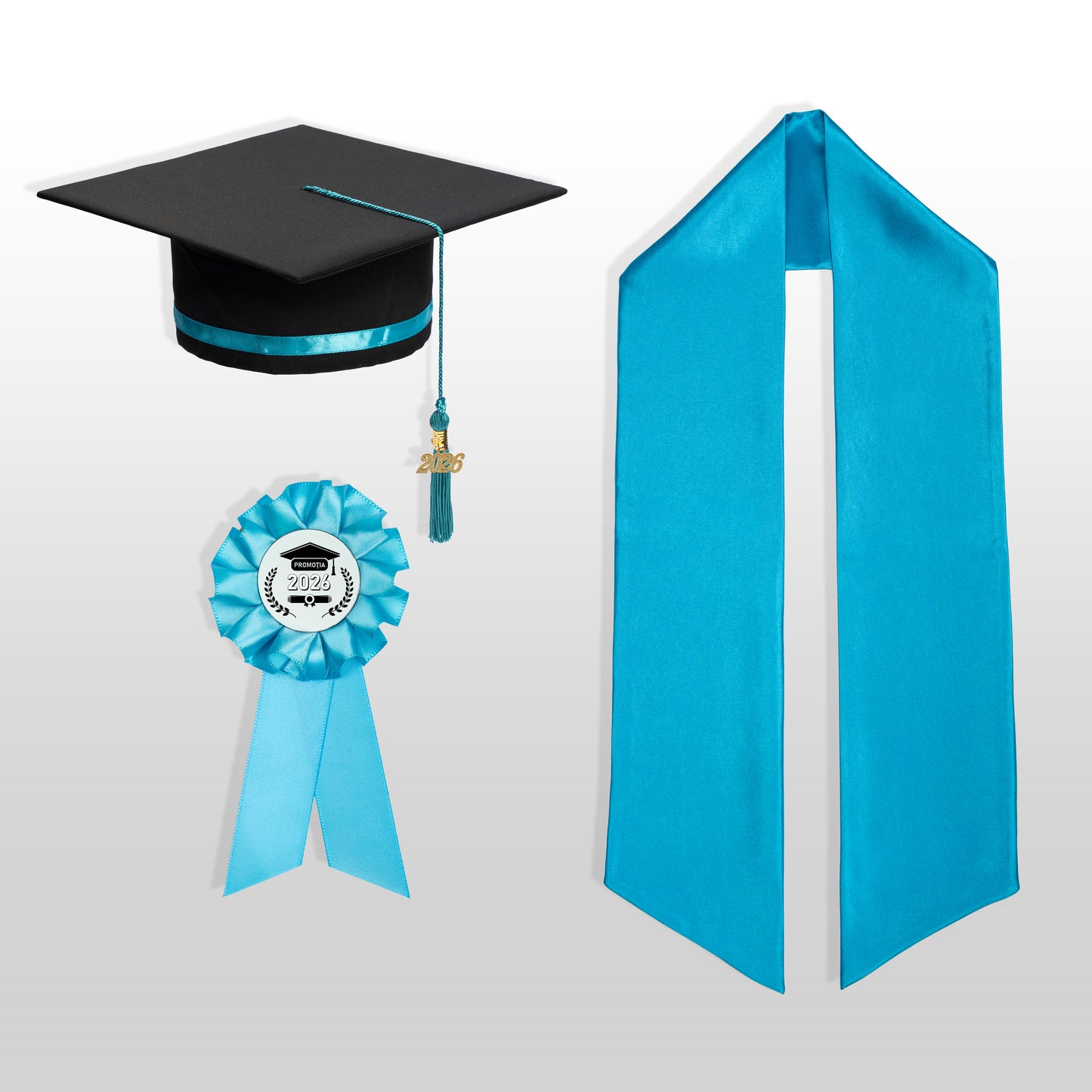 Pachet Tocă, eșarfă și cocardă absolvire turquoise nepersonalizat