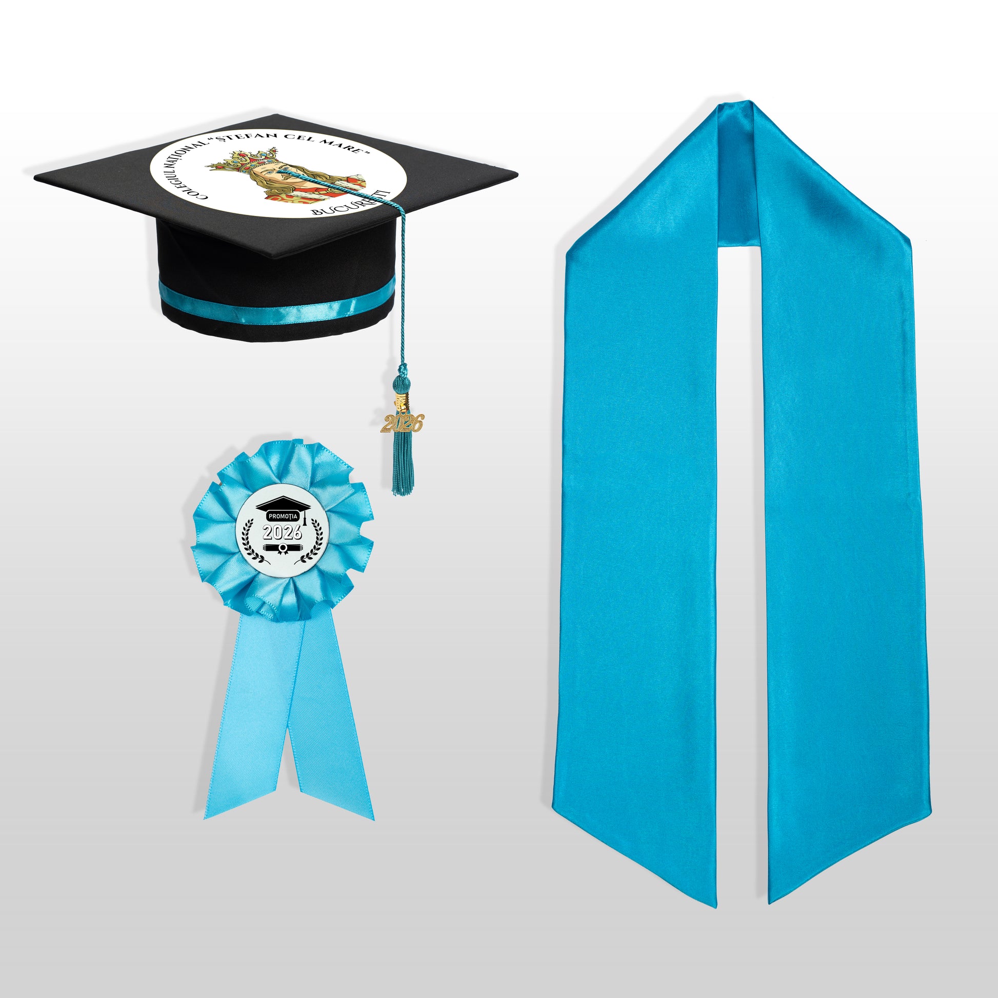 Tocă, eșarfă și cocardă absolvire turquoise personalizată doar toca