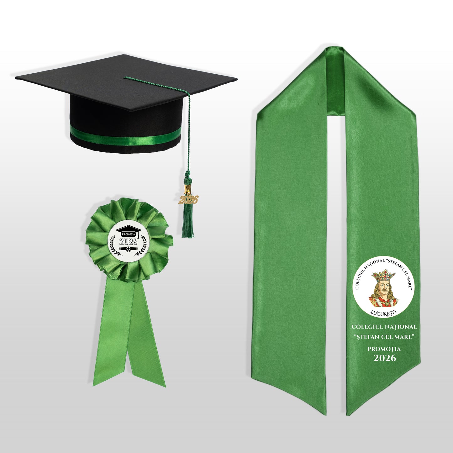 Tocă, eșarfă și cocardă absolvire verde smarald personalizaă doar eșarfa