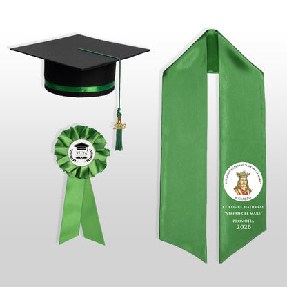 Tocă, eșarfă și cocardă absolvire verde smarald personalizaă doar eșarfa