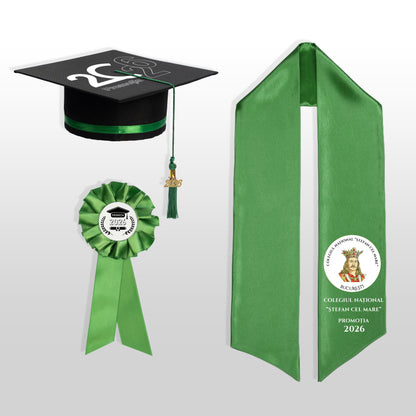 Tocă, eșarfă și cocardă absolvire verde smarald personalizate
