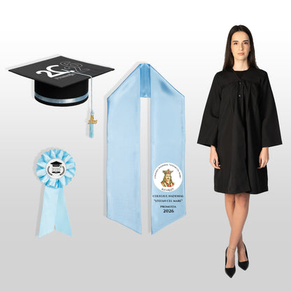Robă, tocă, eșarfă și cocardă absolvire baby blue personalizate 